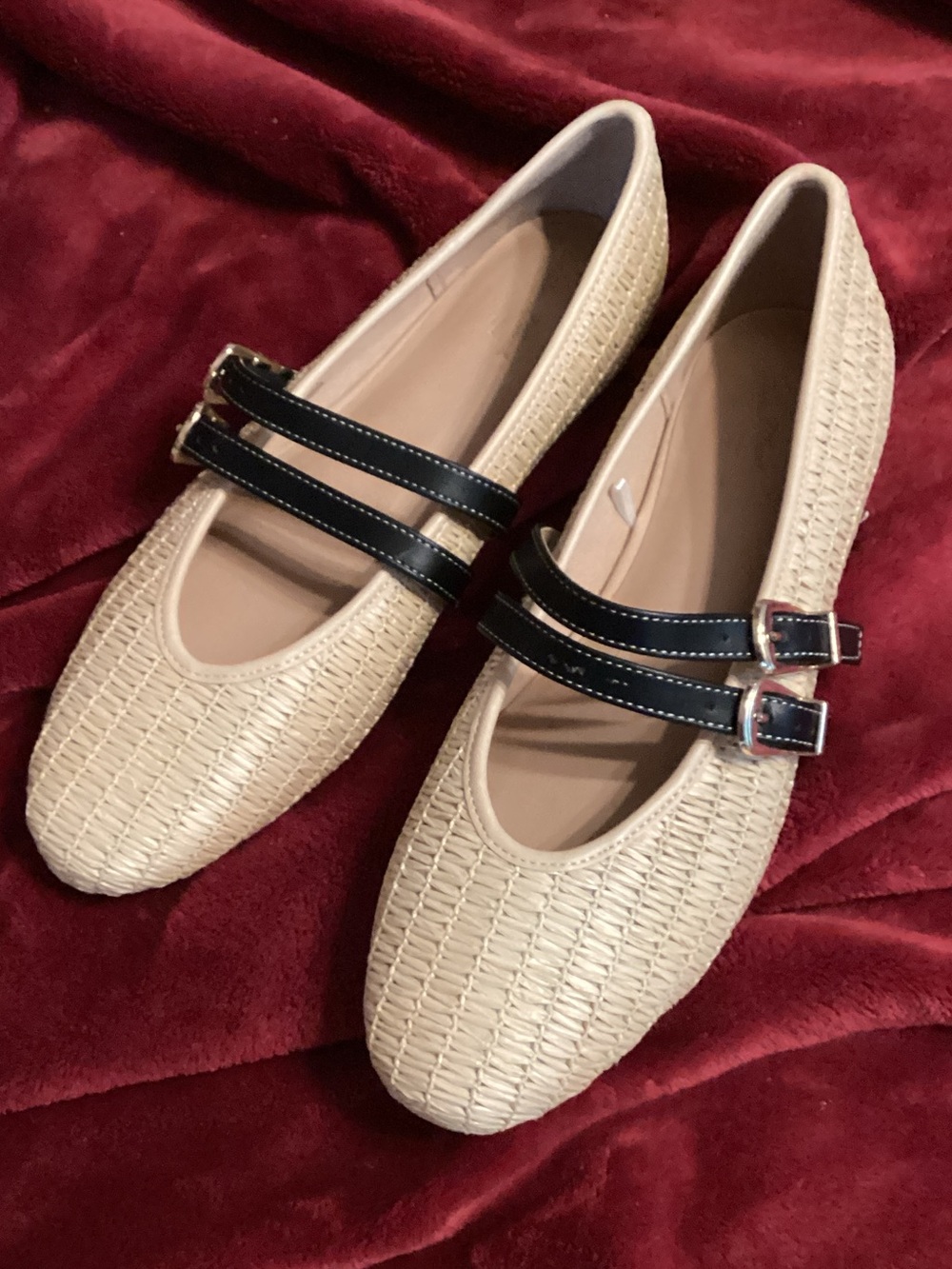 Universal Thread Beige Woven Mary Jane Flats with Black Double Straps